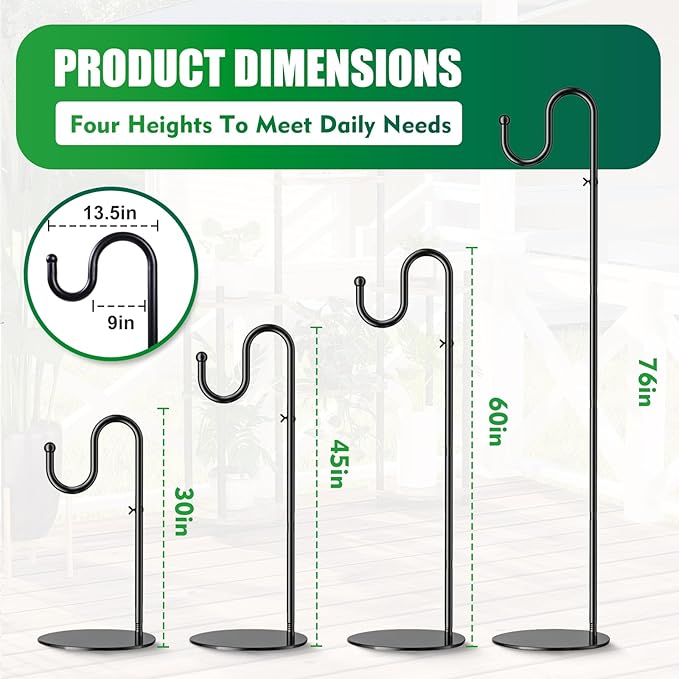 76" Adjustable Shepherds Hook Stand for Bird Feeders, Hanging Plants, Wind Chimes & Lanterns, Free Standing Bird Feeder Pole Holder with 6.6 lb Weighted Base for Patio Porch Indoor Outdoor Decor