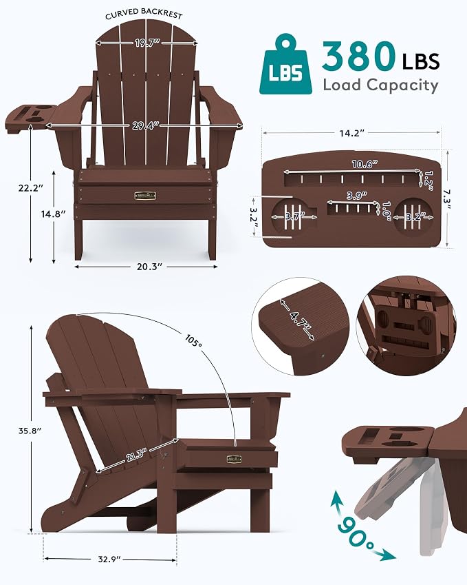 SERWALL Folding Adirondack Chair for Outdoor, Paito Adirondack Chairs with 4 in 1 Cup Holder, All-Weather Patio Chairs with Wood Texture, Fire Pit Chairs for Deck Porch Garden Poolside -Coffee