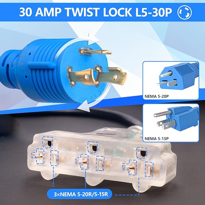 30 Amp to 20 Amp Generator Adapter, 3 Prong NEMA L5-30P Male to 3X 5-20 Female, Distribution Locking Cord with Circuit Breaker, 12/3 Guage Household Adapter, 1.5FT, ETL Listed