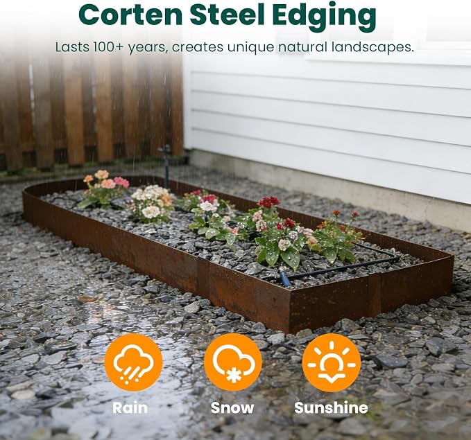 Corten Steel Landscape Edging 8" H x 40" L 6 Pack Metal Garden Edging, Pre-Rusted Metal Landscape Edging, Hammer-in Steel Edging for Landscaping with 6 Clips for Lawn Yard Border (20Ft Total)