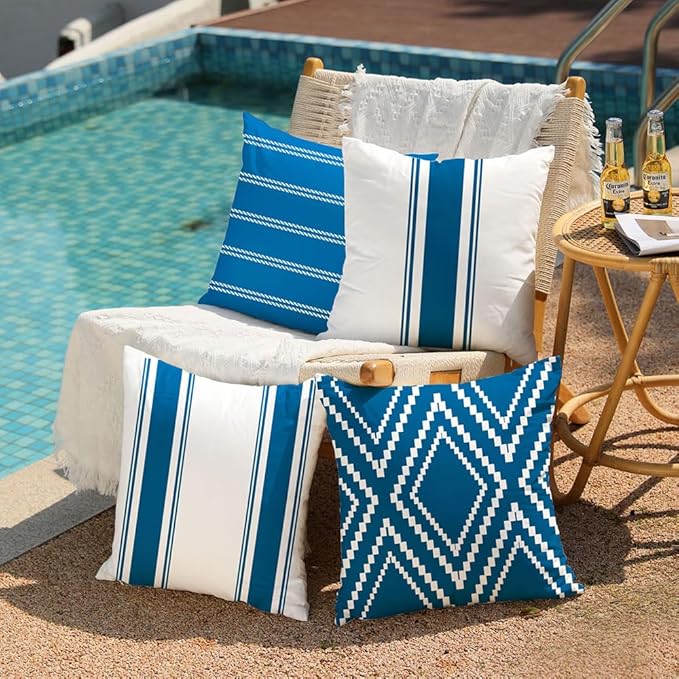 DFXSZ Outdoor Pillow Covers 18x18 Inch Set of 4 Blue Waterproof Modern Geometry Throw Pillows Outdoor Summer Waterproof Decor for Patio Funiture Garden Polyester Cushion Covers 013K18