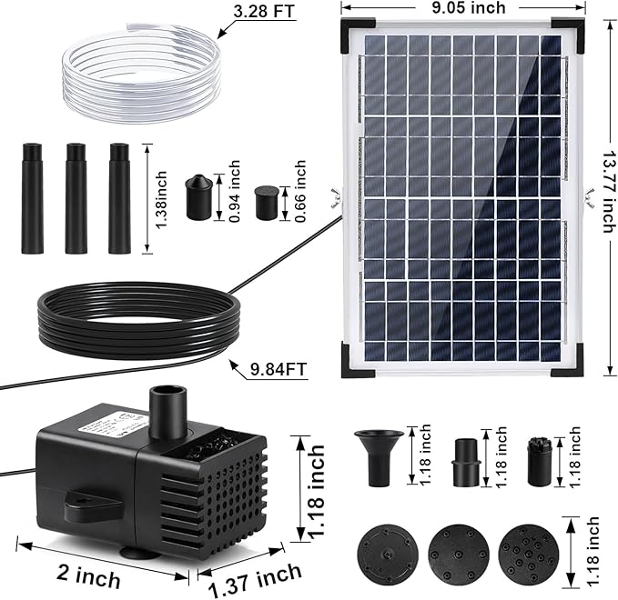 12W Solar Fountain Pump for Water Feature Outdoor DIY, Solar Water Fountain 132 GPH with 9.84FT Power Cable, 6 Spray Nozzles, 3.28FT DIY Tubing for Garden, Pond, Bird Bath
