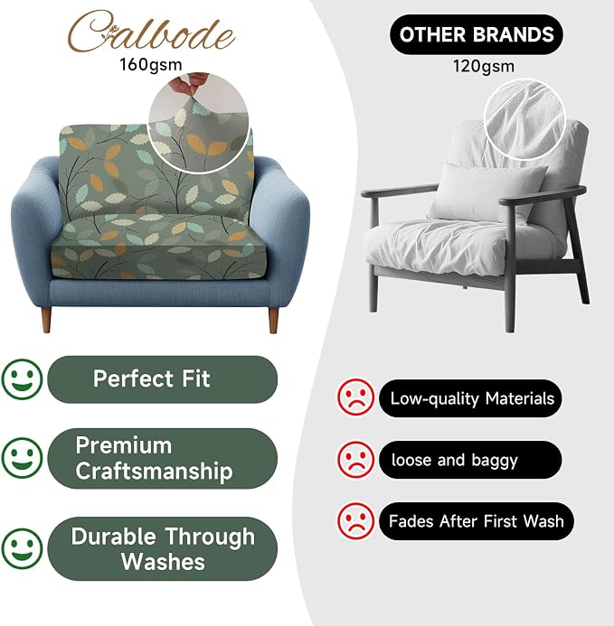 CALBODE 12Pcs Stretch Patio Cushion Cover for Autumn, Couch & Sofa Slipcovers for Patio Furniture Cushions Washable Reusable Couch Covers Replacement Fall Home Decor (Green Leaf Printed, Cover Only)