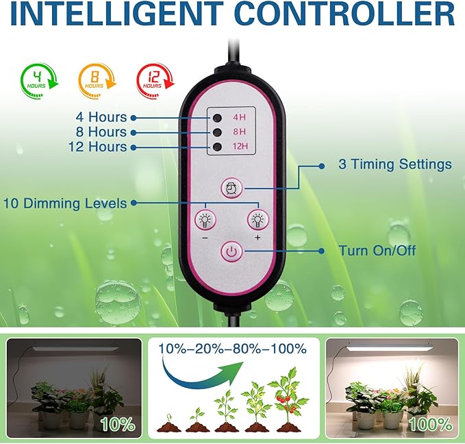 Full Spectrum Grow Lights for Indoor Plants 60W LED Grow Lights for Seed Starting 4/8/12H Timer and 10 Dimming Levels Height Adjustable and Energy Efficient for Seedling Veg Bloom All Growth Stages