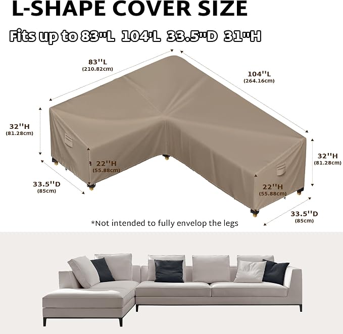 iBirdie Outdoor Patio Furniture Cover fit 83 x 104 inch, 80 x 102, 82 x 100 L-Shaped Sectional Sofa, Waterproof Weatherproof Heavy Duty 600D Garden Cover for Outside L Shape Couch, Brown