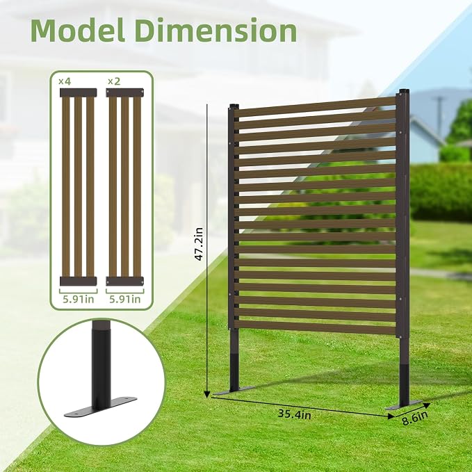 Privacy Screen Freestanding Outdoor,3ft × 4ft Wood Grain Metal Decorative Privacy Fence Panels with Base Feet for Patio,Dark Brown
