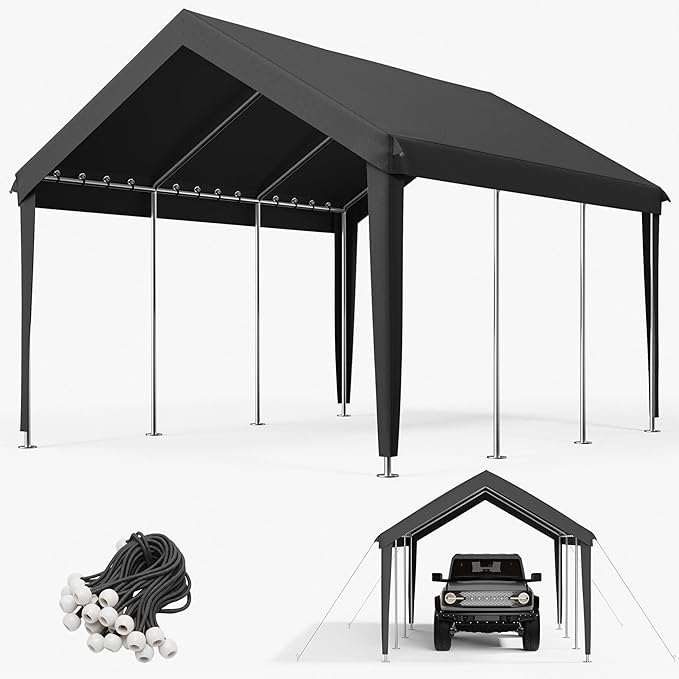 10 x 20 Ft Carport Replacement Cover, Heavy Duty Outdoor Car Tarp Canopy, Waterproof & UV Protected Tear Oxford Tarp with Ball Bungees (Frame is Not Included)
