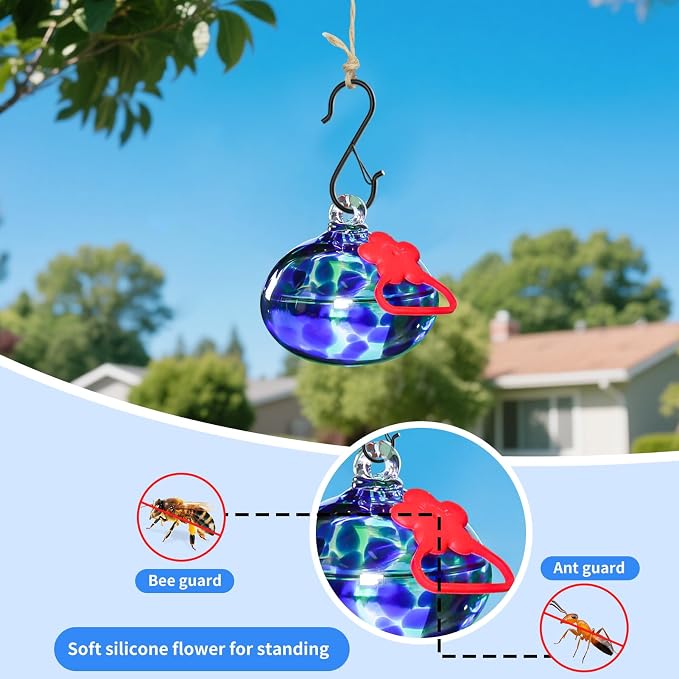 Pozfun Small Hummingbird Feeders for Outdoors Hanging,Hand-Blown Glass Hummingbird Feeder with Silicone Feeding Perch,Never Leak,Gardening Gifts for Woman Man