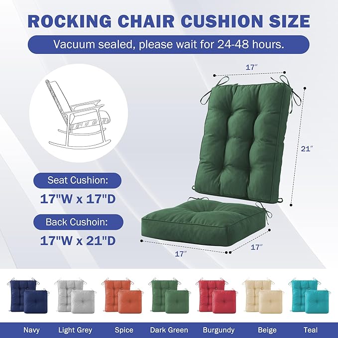 IPYNBAP Rocking Chair Cushion, Waterproof and Fade-Resistant Patio Chair Cushions, Tufted Chair Pads for Rocker Furniture, 17x17 Inch, Indoor/Outdoor Seat Cushions with Ties, Dark Green (Pack of 2)