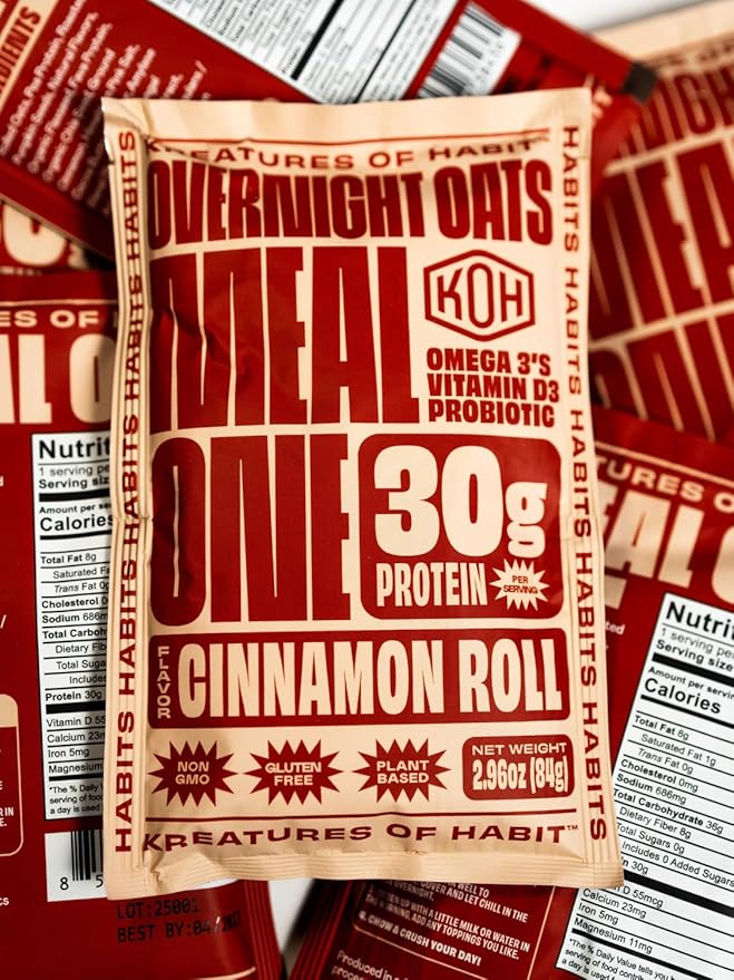 Kreatures of Habit MEAL ONE | Overnight & Instant Superfood Protein Meal Replacement | Gluten Free, Dairy Free, 30g of Plant Based Protein, With No Added Sugar (7 Pack, Limited Edition Flavor, Cinnamon Roll)