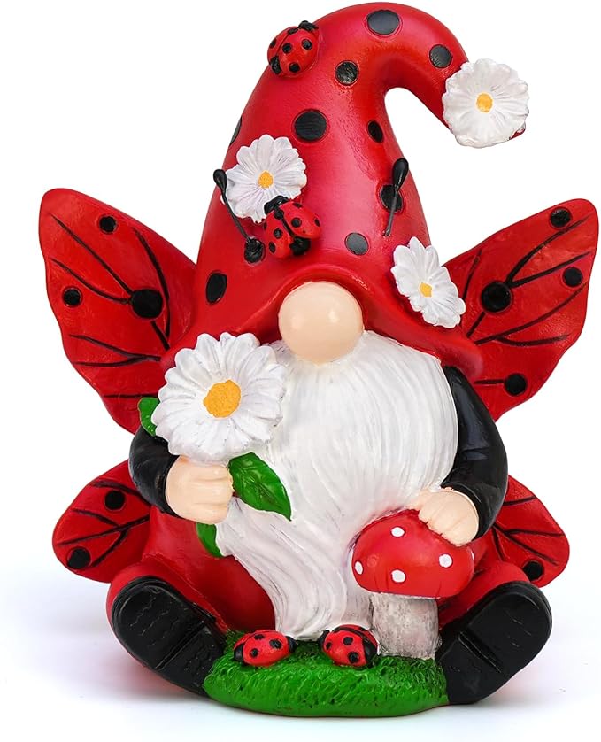 Ladybug Gnome Garden Decor, Fairy Gnome Figurine with Flowers, Spring Summer Outdoor Garden Decorations for Yard Lawn Patio, Garden Gifts for Women