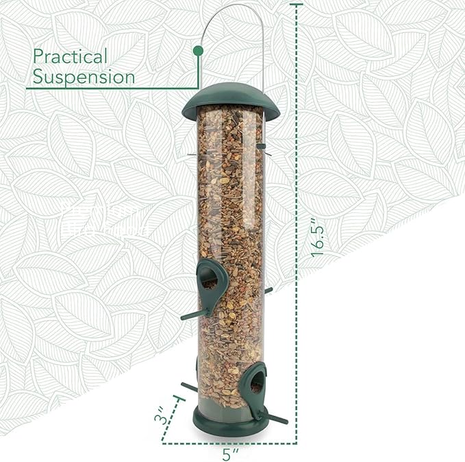 WILDLIFE FRIEND Green Grain Bird Feeder 12 Inches - With 4 Landing Spots for Birds - Hanging Bird Feeding Station - Grains Feeding Column - Wild Bird Feed Silo - Tube Bird Feeders for Outdoors Hanging