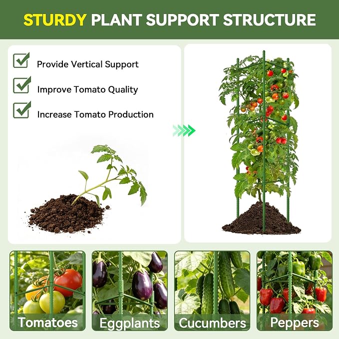 Halatool 63 Inch Tomato Cages, 4 Pack Adiustable Plant Cages Assembled Tomato Garden Cages Stakes Vegetable Support Trellis with 120 Feet Twist Tie, Snap-On for Vertical Climbing Plants