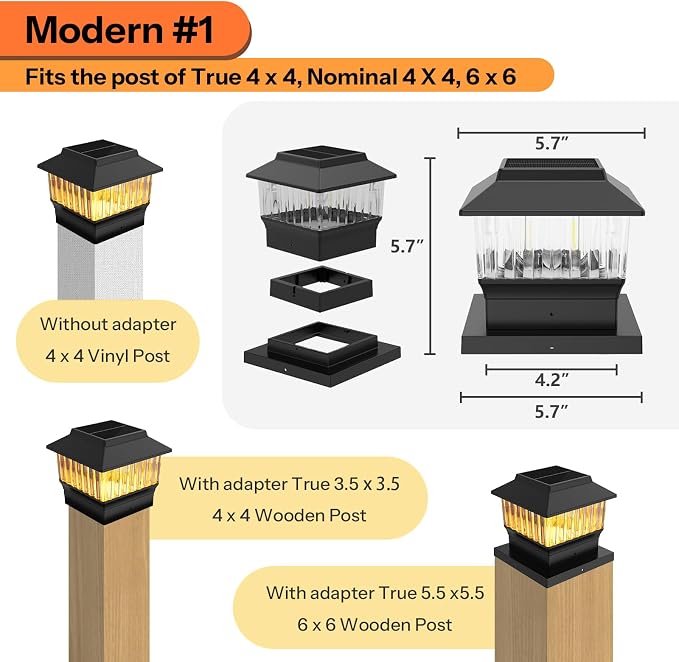 6 Pack Solar Post Cap Lights - Modern #1: Fits True 4x4 Vinyl, 4x4 & 6x6 Wood Posts, Bulk Savings, 3 Color Temp, 50 Lumen Waterproof Outdoor Lights for Deck Fence, Matte Black