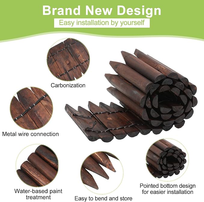 Hicarer 5 Pcs Total 20 ft Wood Garden Edging Fence Border Wood Landscape Border Decorative Flower Bed Barriers with Gloves Hammer for Tree Lawn Yard, 8" H x 47" L for Each(Brown)
