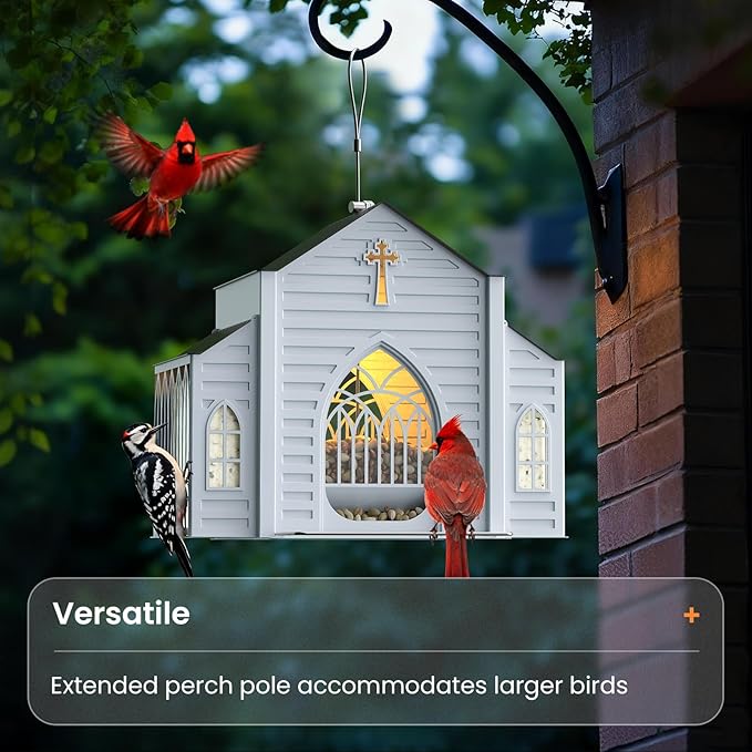 Church-Shaped Metal Bird Feeder with Solar Light - Hanging Outdoor Feeder, 5 LB Large Capacity & Bird Suet Design, Weatherproof, Garden/Yard/Deck Decor & Unique Gift for Christmas & Mother's Day