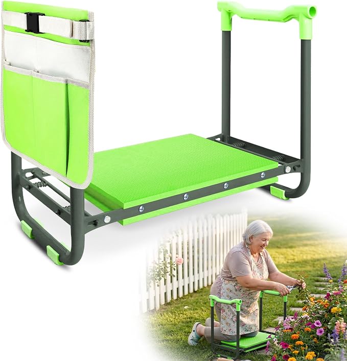 Garden Kneeler and Seat Heavy Duty, Foldable Gardening Stool Bench with Widened Thick Soft Kneeling Pad and Tool Pouches - 2-in-1 Portable Kneeling Device for Seniors (Green)