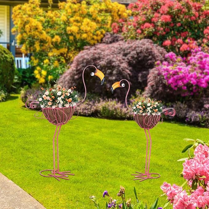 hogardeck Garden Decor for Outside, Set of 2 Pink Flamingo Planters with Basket, Metal Standing Flamingo Plant Pots Yard Art for Home Indoor Outdoor Garden Porch Lawn Patio Pool