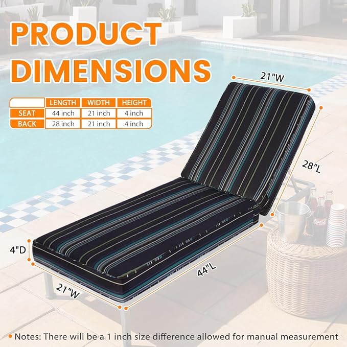 Sundale Outdoor Olefin Chaise Lounge Cushion Set of 2, Water-Resistant Patio Lounge Chair Cushion, Thick Lounger Pad with 4 Straps Harbor Blue, 72 x 21 x 4 Inches
