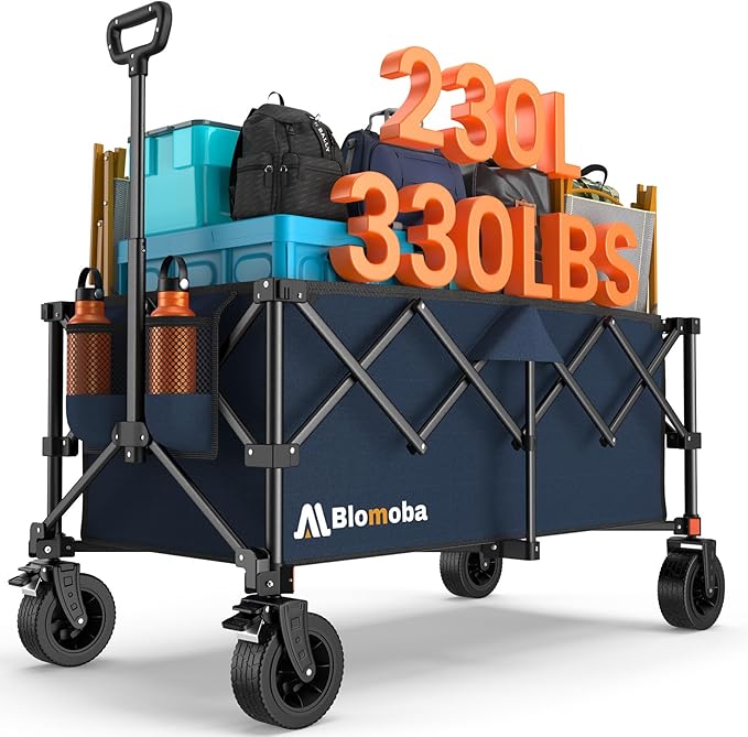 Collapsible Wagon Cart, 330LBS Heavy Duty Folding Cart with Wheels 360° Rotation, Built-in Brakes, Flexible Handle, Portable Utility Wagon for Grocery Sports Garden Shopping Camping, Blue