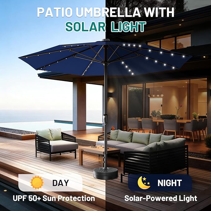 AreShark 11FT Large Patio Umbrella with Solar Lights, Lighted Solar Umbrella with Crank, Outdoor Table Market Umbrellas for Garden, Deck, Backyard, Pool and Beach, Navy