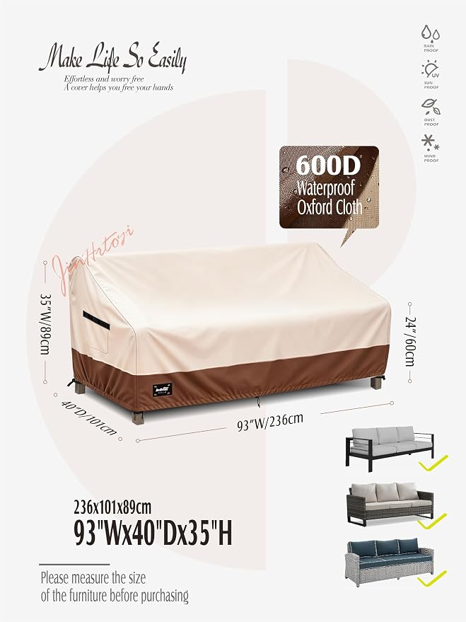 JinHrtoyi 3-Seater Outdoor Couch Cover, 93Wx40Dx35H inches Outdoor Furniture Covers Waterproof,100% Waterproof Heavy Duty Patio Furniture Covers,Beige&Brown Modern Style Outdoor Sofa Cover