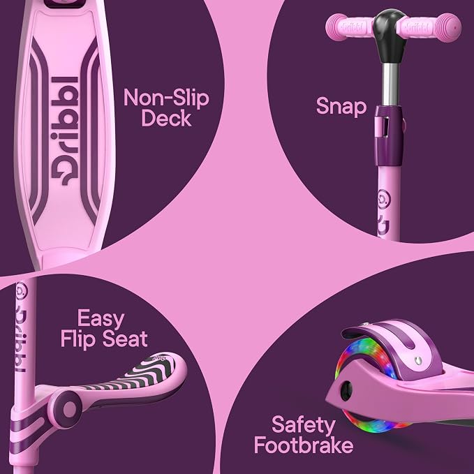 Pink and Purple 3 Wheel Scooter with Seat for Kids, Light-Up Wheels, Adjustable Lean to Steer Handlebar and Seat, Smooth Wheels, Wide No-Slip Deck, Rear Foot Brake, Toddler Outdoor Toys for Ages 2+