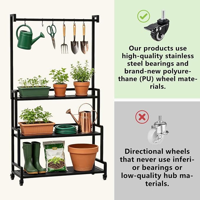3 Tier Rolling Plant Stand with 3 S-Hooks, 70" Tall Heavy Duty Metal Plant Shelf with Lockable Wheels, Black Curved Corner Plant Display Rack for Indoor Outdoor Patio Balcony Garden (With Hook)