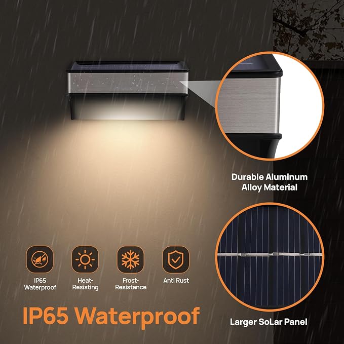 Solar Deck Lights 4 Pack Outdoor Waterproof - Step Lights for Stairs & Fence, 8 Color Changing Security Lighting with Auto On/Off, Wall Lights for Patio/Yard/Pathway (Warm/Cool White + RGB)