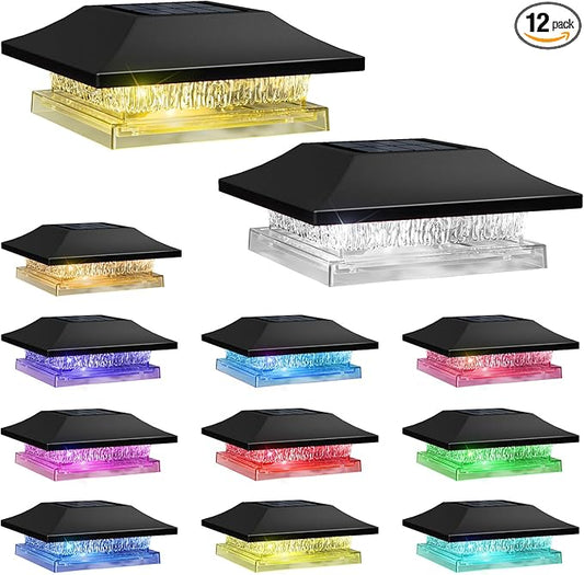 12 Pack Solar Post Cap Lights, Outdoor Fence Solar Powered Cap with 4 Lighting Modes Waterproof Light Decorative for Deck Patio or Garden Decor, Fits 4x4 Wood Vinyl Posts
