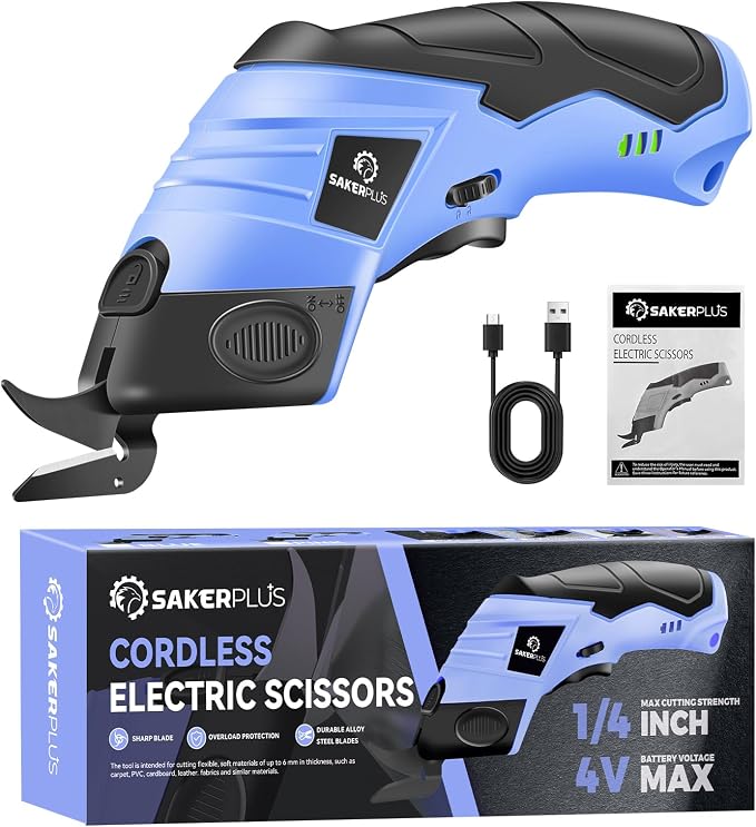 Sakerplus Cordless Electric Scissors, Fabric Scissors, Powerful Pinking Shears, Rechargeable Cardboard Cutter (Blue-Box(1 Tungsten Steel Blade))