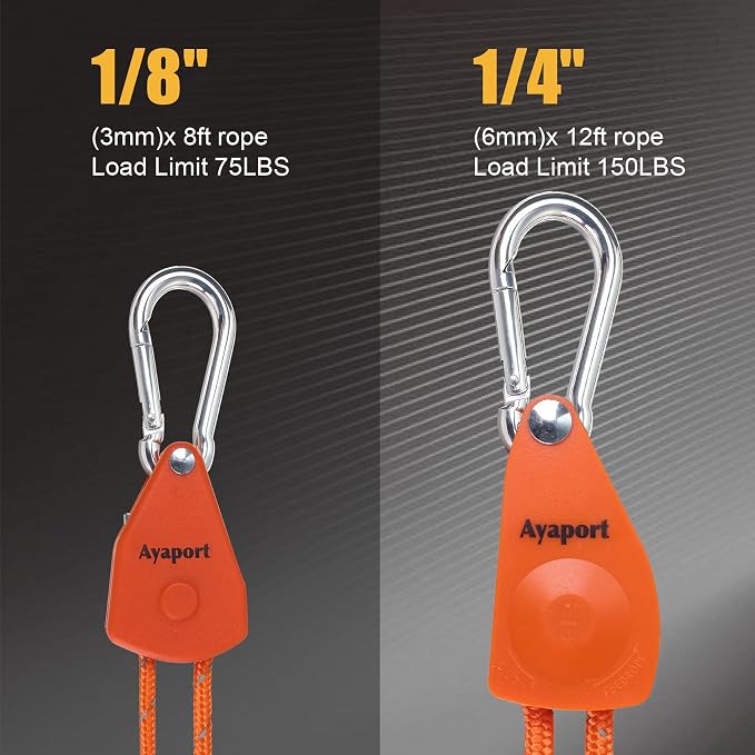 Ayaport Adjustable Rope Hanger Grow Light Hanger, 8Ft 1/8" Heavy Duty Plant Pulley Rope Tightener Ratchet Tie Down for Kayak, Tarp, Tent Tie Downs, Hanging Plants, Filters, Fans