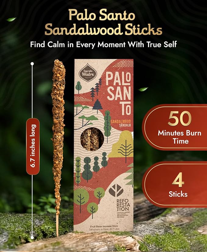 Sagrada Madre 4pcs Wildly Harvested Palo Santo Incense Sticks (Sandalwood), 6.7” Long - Non-Toxic, Aromatic Incense Sticks (50 min Approx. Burning Time) to Heal & Calm Your Body and Environment