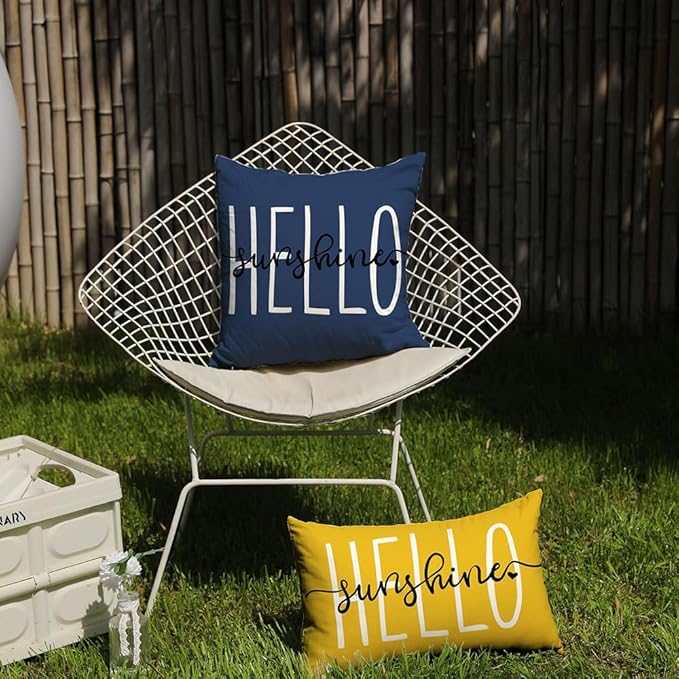 DFXSZ Outdoor Pillow Covers 18x18 Inch Set of 2 Hello Sunshine Decor Blue Waterproof Summer Outdoor Pillowcases Decor for Patio Funiture Garden Sofa Couch 020K18
