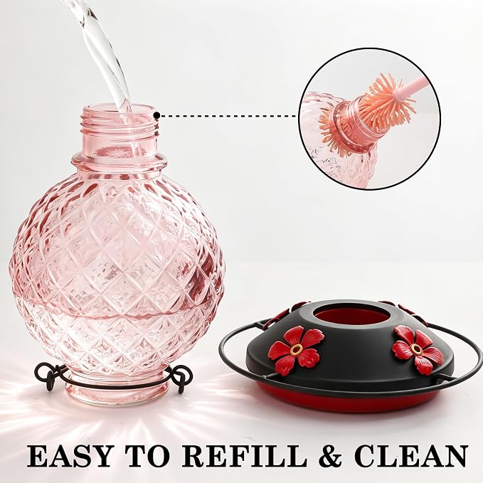 25 OZ Glass Hummingbird Feeder for Outdoors, Leak Proof Hummingbird Feeder with Ant Moat, 4 Bee Resistant Feeding Ports, Easy Clean Wide Mouth Design, 360° Perch, Hanging Nectar Feeder, Pink
