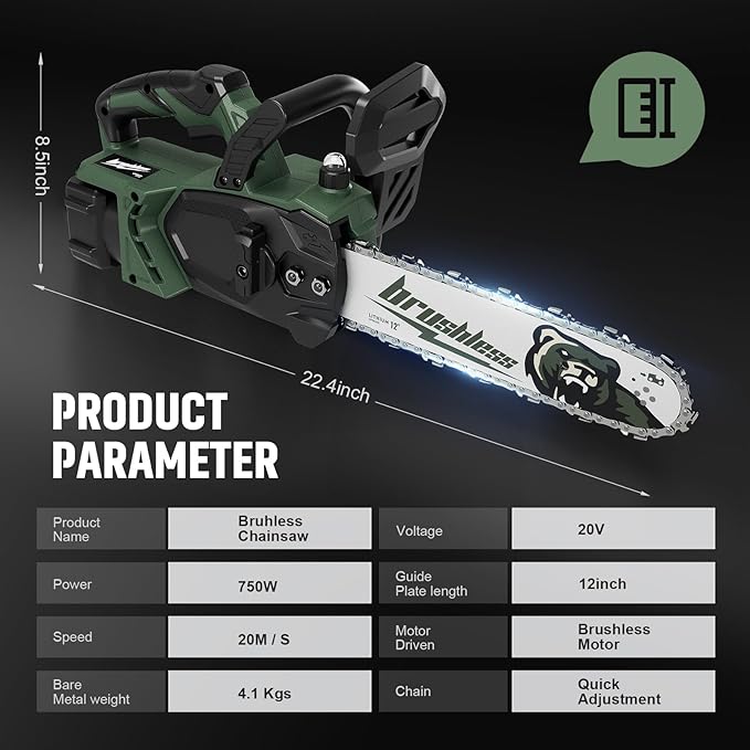 20V 12" Brushless Chainsaw, Electric Chainsaw Cordless, Portable Chain Saw Handheld Chain Saw Pruning Shears Chainsaws for Wood Cutting, Tree Felling, Limbing(4.0Ah Battery & Charger)