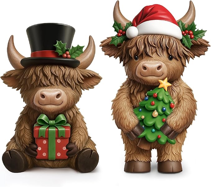 Simgoing 2 Pack Christmas Highland Cow Figurines Highland Cow Statues with Santa Hat Resin Xmas Figurine Merry Christmas Table Decoration for Winter Holiday Farmhouse Tiered Tray Garden Home Gift
