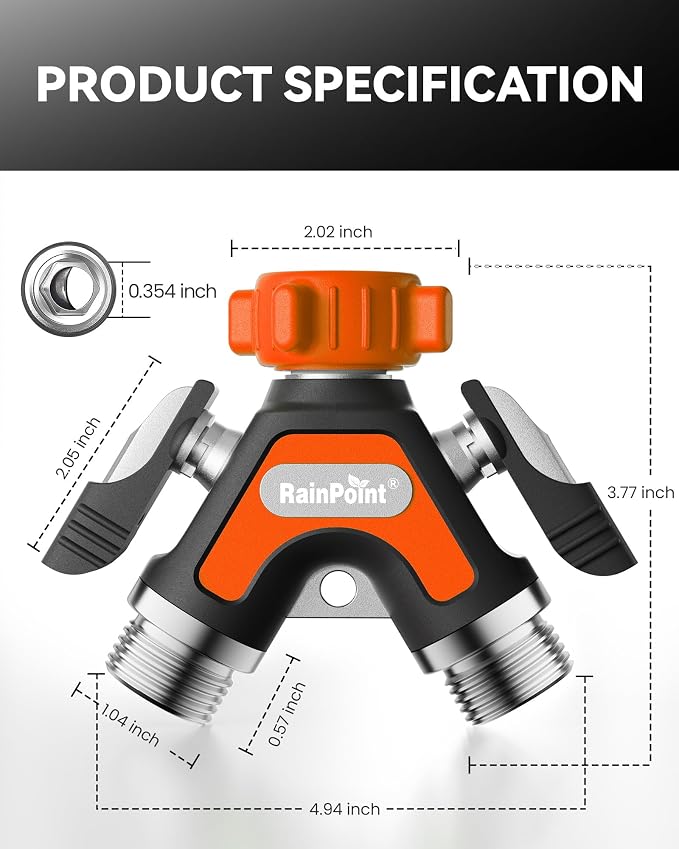 RAINPOINT Garden Hose Splitter 2 Way, All Metal Heavy Duty Water Hose Y Splitter With 2.05" Extra Long Side Handle & Shut Off Valves, 3/4 Inch GHT Thread Connector For Outdoor Spigot Faucet (Orange,2)