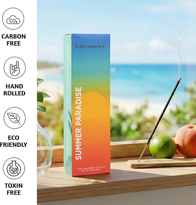 Folkulture Incense Sticks (120 Sticks) | Set of 6 Summer Vibes Fruit Incense for Air Freshener & Relaxation | No Charcoal, Organic, Non Toxic, 45 Mins Long Burning Mango, Coconut, Pineapple Insence