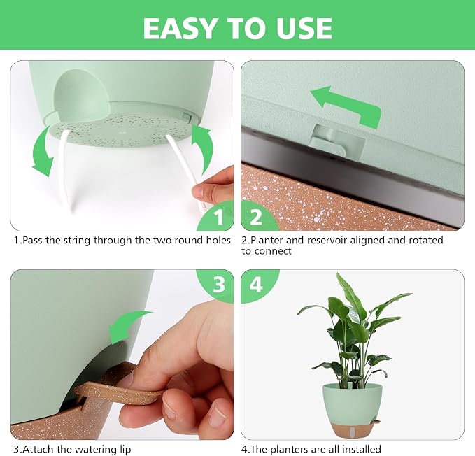 Self Watering Planter for Indoor Plants, 12" 10" 9" 8" Plastic Large Flower Pot Set with Water Level Indicator Deep Reservoir Saucer, Big House Bottom Watering Plant Pots with Drainage Hole - Green