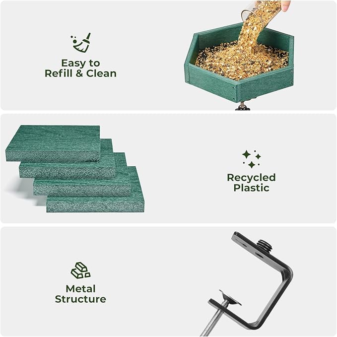 Kingsyard Clamp-On Deck Bird Feeder 11in Hexagon, Adjustable Balcony Railing Clamp 2.2in No-Drill, Recycled Plastic Seed Tray Metal Mesh Drainage Easy-Clean 3 lb,Green