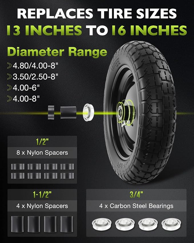 4.80/4.00-8 wheelbarrow tire, 14.5" Flat Free Solid Tire and Wheel, 3" Centered Hub, 5/8" & 3/4" Bearings, Universal Replacement for Garden Carts Wagon Wheel Barrow, 2 Pack