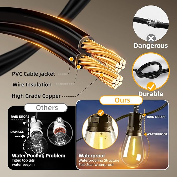 Solar Lights Outdoor Patio Lights: S14 30M 100FT Solar Powered 3 Light Modes Solar Waterproof Light - Shatterproof Bulbs - Camping Backyard Garden Deck Outside Yard