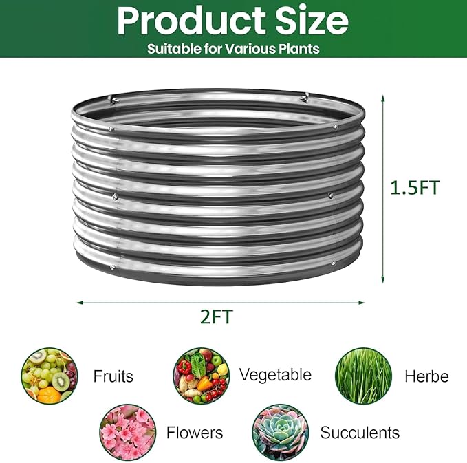 4 Pack Tall 2x2x1.5FT Round Corrugated Galvanized Steel Raised Garden Bed Outdoor, Metal Above Ground Garden Bed for Vegetables and Flowers, Raised Beds for Gardening