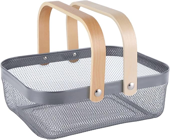 AJIODA Metal Mesh Steel Basket, Storage Organizer Basket Garden Harvest Basket Multi-functional Kitchen Fruit Baskets Bin with Wooden Handle for Bathroom Picnic Shopping Decor Cabinet Home, Grey