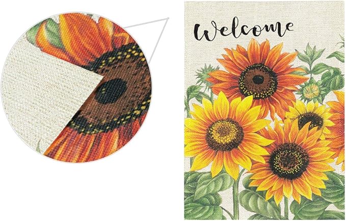 Wamika Welcome Sunflower Fall Autumn Maple Leaves Double Sided Burlap Garden Yard Flag 28" x 40",Summer Fall Sunflowers Flower Farmhouse Burlap Decorative Garden Flags Banner for Outdoor Home