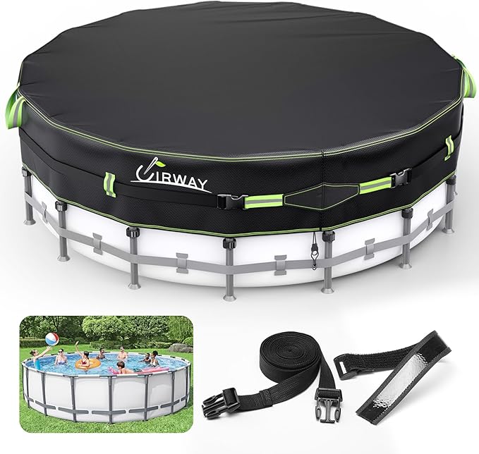 UIRWAY 500D Pool Cover 12FT Round [2026 Upgraded Heavy Duty Fabric] Solar Pool Covers for Above Ground Pools, New Super Windproof Gel-Coated Tarp Straps, Swimming Pool Covers with UV Protection
