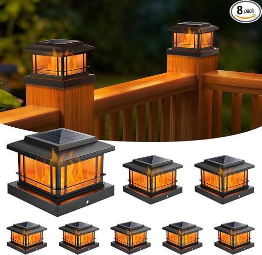 NIORSUN Solar Post Lights Outdoor, Fence Post Solar Lights with Flickering Flame Light & 3 Color Temps, Waterproof, Garden Patio Fence Deck Decor, 4x4 Posts Caps, 4x4, 5x5 Wooden & Vinyl (8Pack,Black)