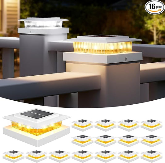 NIORSUN Solar Post Cap Lights Outdoor Waterproof, 4x4 Post Solar Lights 2 Color Modes, Fence Posts Solars Light for Deck Patio Garden Deco, 4x4 Posts Caps Wood Vinyl, 5x5 Vinyl, 16 Pack (White)