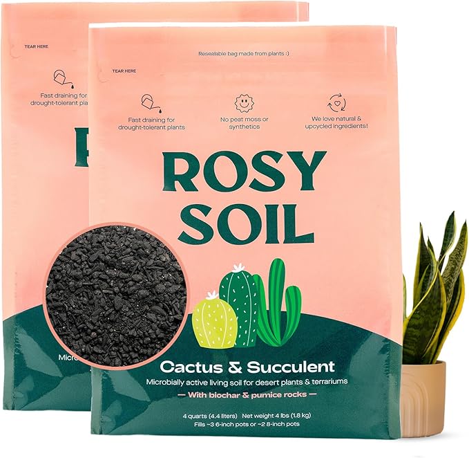Rosy Soil Cactus and Succulent Potting Soil Mix for Houseplants - Fast Draining Organic Potting Soil for Succulents, AloeVera, Indoor Plant - Root Boosting for Drought Tolerant Growth, Pack of 2